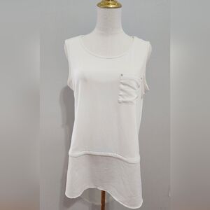 Calvin Klein Tunic White Long Casual Sleeveless Blouse Chiffon Trim Size SP